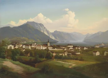 Vista de Gmunden y el castillo Orth en el Traunsee